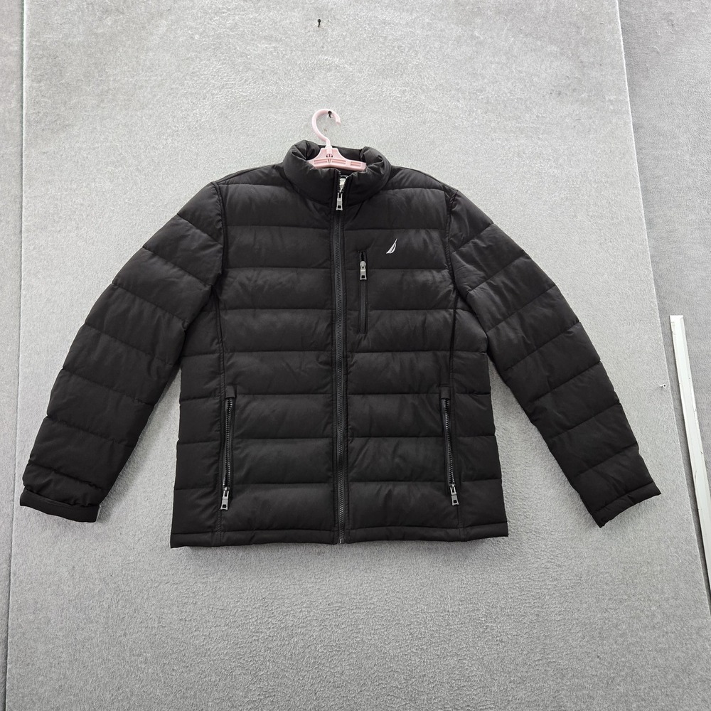 Nautica Men Jacket L/G Black Quilted Stretch Puffer Zipper Long Sleeve Logo